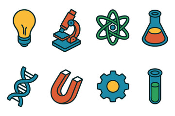 Colorful science icons set featuring lab equipment and symbols