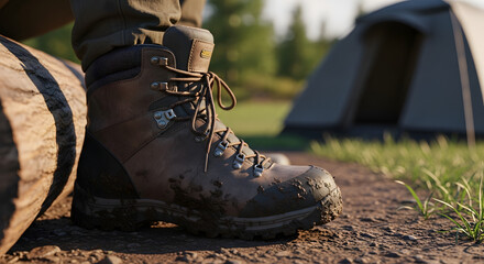 MudCovered Hiking Boot on a Forest Trail.