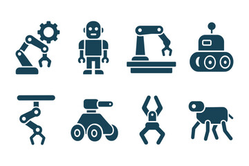 Diverse robotic icons in blue silhouette style for technology and automation design