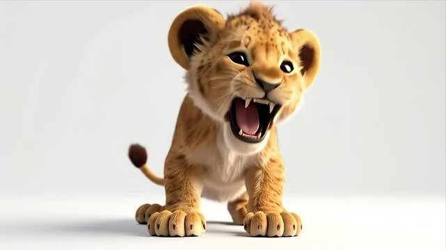 A cute, cartoon lion cub roars, set against a bright, plain backdrop