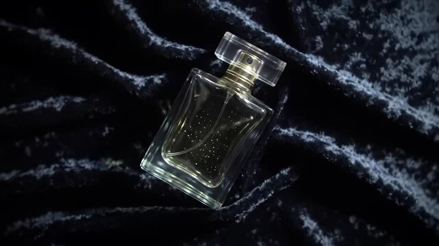 Clear perfume bottle on a dark blue velvet background shot