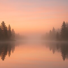 Fototapeta premium Peaceful Sunrise Over Misty Lake with Pastel Reflections and Pine Trees – Cinematic Golden Hour Nature Scene for Mindfulness and Calm