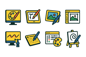 Creative design tools: colorful icon set for digital art and graphic design projects
