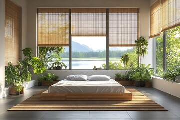 A modern bedroom with clean lines, a low-profile bed surrounded by indoor plants, large windows with bamboo shades, and a peaceful view of a serene lake in the distance.