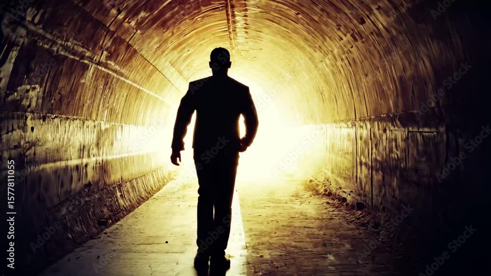 Poster man runs toward bright light at the end of a dark tunnel during daytime, man running into bright lig