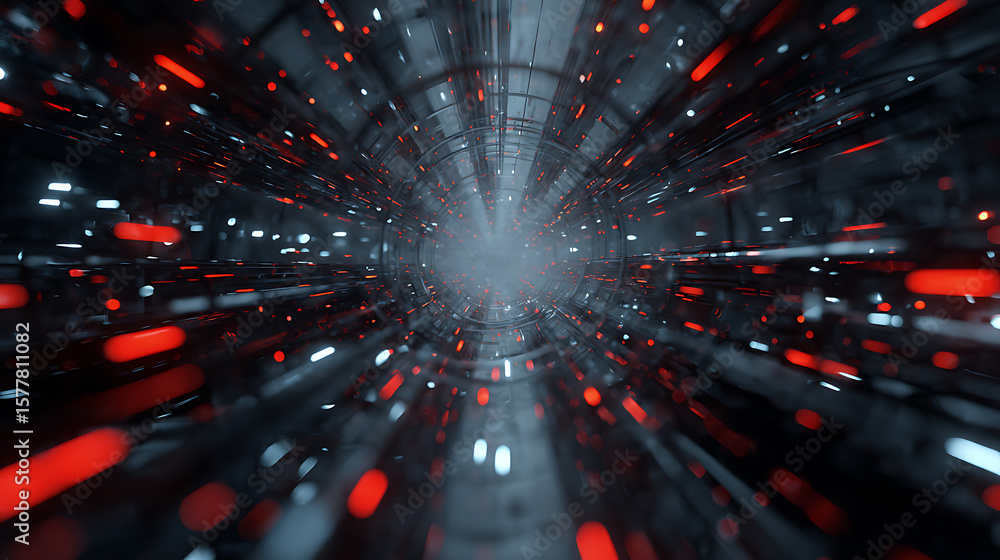 Poster a futuristic tunnel with red and white lights creates an abstract and dynamic perspective