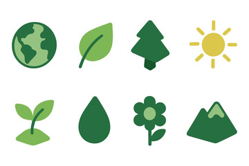 Eco-friendly icon set with nature elements in flat style