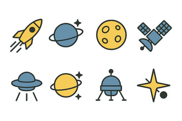 Minimalist space exploration icons: rockets, planets, satellites, and stars