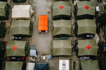 Disaster relief tents provide support to displaced individuals in a temporary camp setting, Aerial view disaster relief tents and temporary units