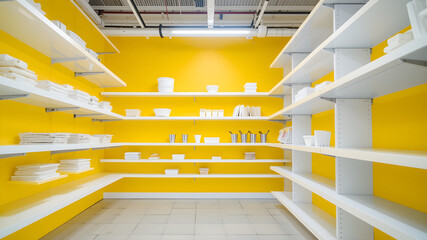 A large white room with yellow walls and shelves full of white dishes
