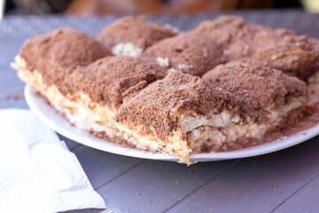 Cold baklava with cacao on a white plate close up	