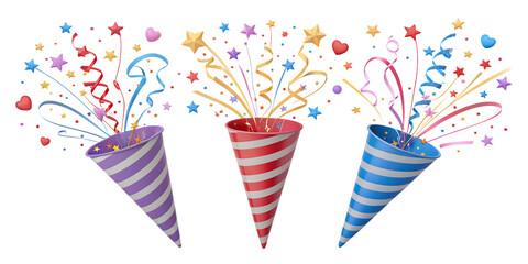 colorful party hats and confetti , 3D Party Poppers & Confetti Explosion Set: Celebration & Fun Vector 