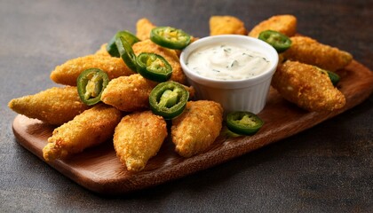 a platter of fried jalapeno poppers with a creamy ranch dipping sauce