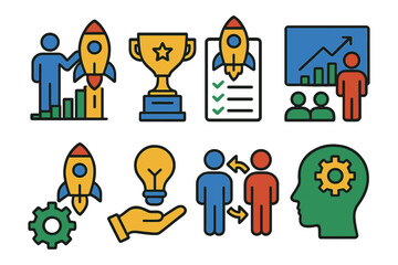 Colorful business strategy and innovation icons with rocket and trophy elements