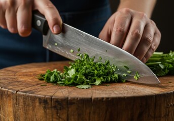 Chopping Fresh Cilantro on a Rustic Wooden Cutting Board