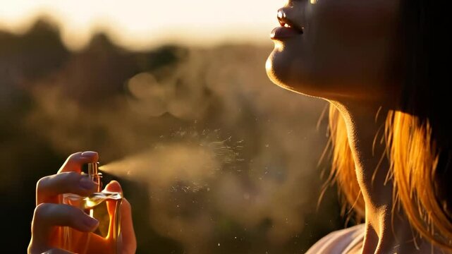 Woman spraying perfume in golden hour light for fragrance ad