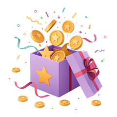 cartoon illustration of a boy with gift boxes, 3D Gift Box with Golden Coins and Colorful Confetti on White Background