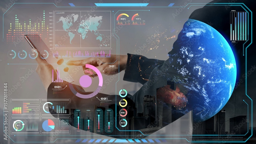 Poster high-tech global network connection interface showing worldwide digital communication, data exchange