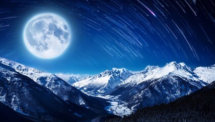 surreal cosmic panorama of a luminous moon dazzling comets and shimmering snowy mountains under a deep blue night