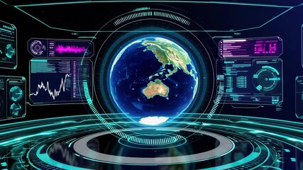 Futuristic motion graphic user interface head up display screen with Holographic Earth and digital data telemetry information display for digital background computer desktop display screen - Powered by Adobe