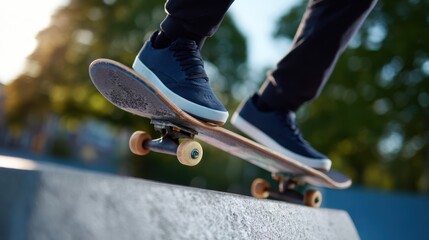 Skateboarder performing tricks on a concrete ramp at a city park