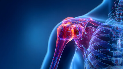 Shoulder joint replacement implant - X-ray view - Medically 3D illustration with blue background