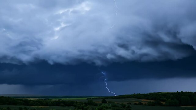 Timelapse of thunderstorm building in dramatic evening sky over rural field - concept of weather unpredictability power and natural intensity