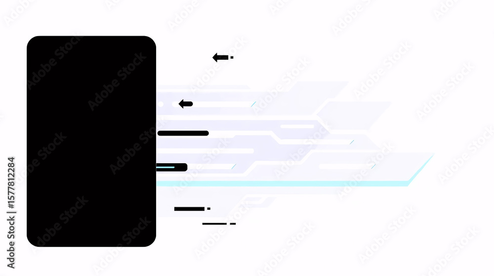 Poster stylized high-speed data stream traveling through futuristic black and white interface with minimal 