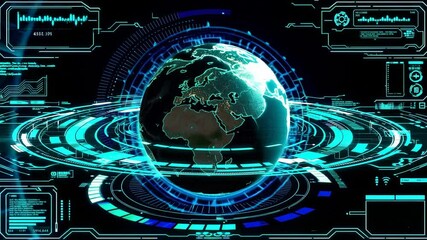 Futuristic motion graphic user interface head up display screen with Holographic Earth and digital data telemetry information display for digital background computer desktop display screen - Powered by Adobe
