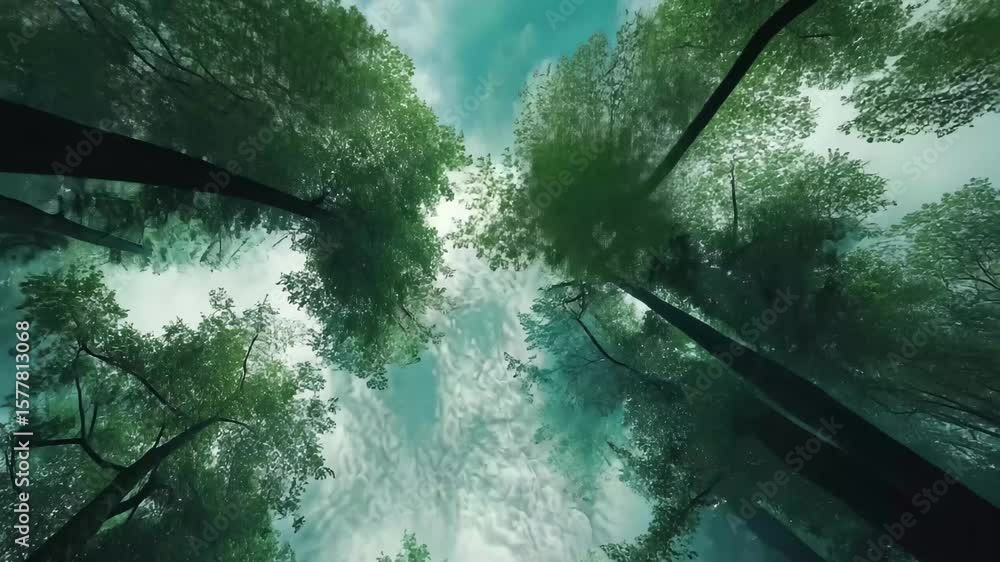 Poster looking up at the towering evergreen trees in a misty forest illuminated by soft light, evergreen tr