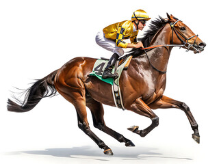 Naklejka premium A brown racehorse with jockey in yellow and white racing on a white background in a full shot