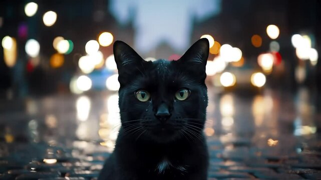 Black cat city night bokeh street