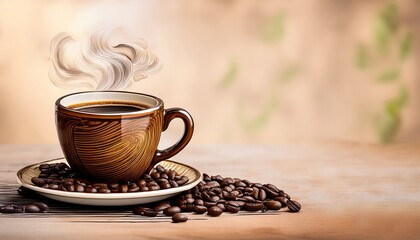 steaming coffee cup with coffee beans in vintage woodblock print style with copy space