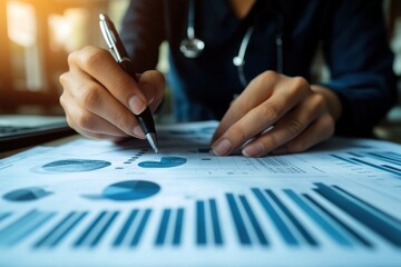Financial analysis of medical profession data highlighting trends and statistics for decision-making, Financial data and statistics over medical professional analyzing X-ray