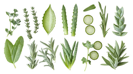 • A flat-lay of DIY skincare ingredients like aloe vera and essential oils, isolated on white background in HD 