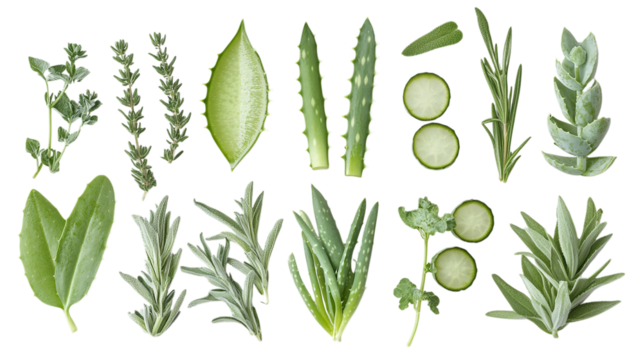 • A flat-lay of DIY skincare ingredients like aloe vera and essential oils, isolated on white background in HD 