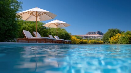 Obraz premium Outdoor pool area with sun loungers and umbrellas at a resort hotel