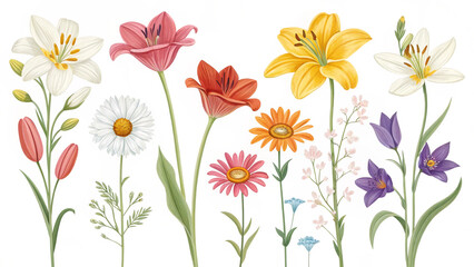 A collection of watercolor flowers including lilies, daisies, and bellflowers on a white background vreated with genrated ai