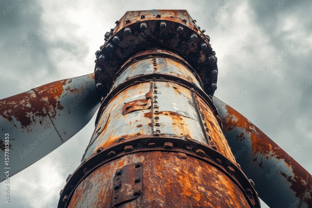 Poster closeup view of an old rusted vertical axis showing weathered metal and mechanical details, a close-