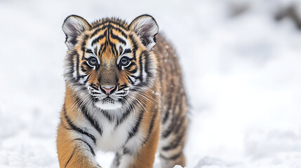 Young tiger cub walking through snowy landscape with blurred forest background, exploring