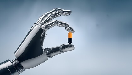 sleek robot hand holding small pill with neutral background showcasing ai in medicine