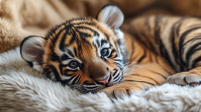 A close-up of a playful tiger cub resting on a soft blanket, showcasing its vibrant fur and curious eyes