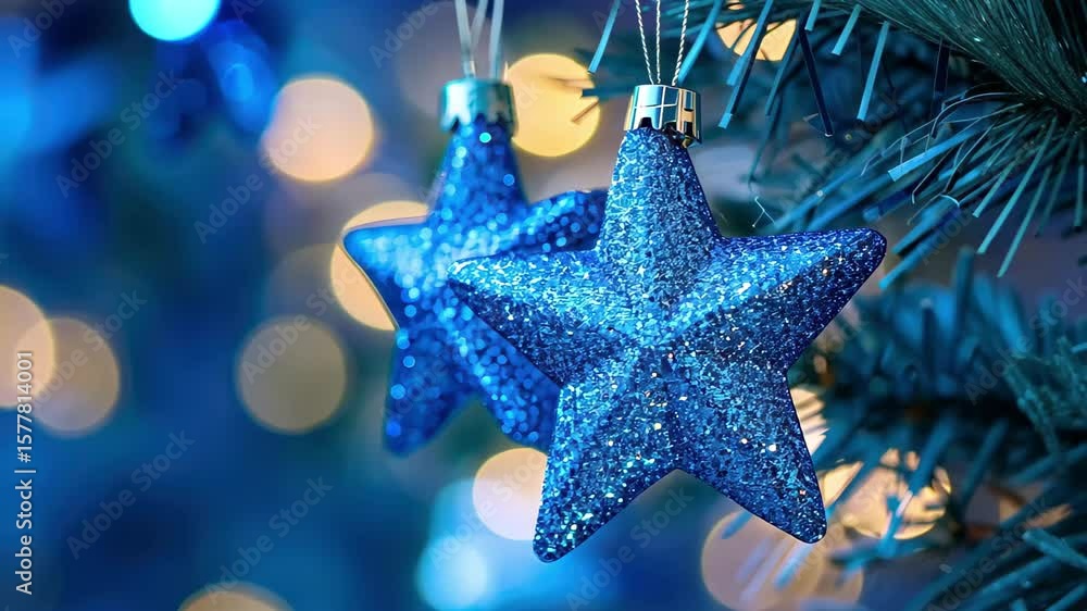 Poster sparkling blue stars adorn a festive tree with soft bokeh lights creating a magical atmosphere, blue