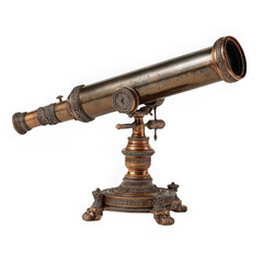 A vintage brass telescope on an ornate stand against a white background view