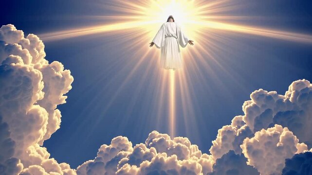 God in the clouds. The resurrected Jesus Christ ascending to heaven above the bright light sky and clouds and God
