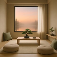 Modern Zen Meditation Room with Bonsai Plant, Floor Cushions, and Natural Light – Minimalist Japanese Wellness Interior for Mindfulness Practice