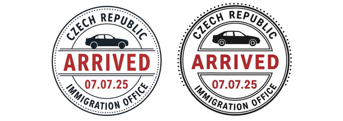 Obraz premium Czech Republic immigration stamp featuring a car and the word Arrived in bold red letters for travel documents.