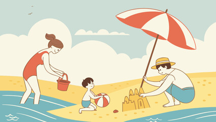 Obraz premium Family beach vacation summer holiday sandcastles playing in the sand sunbathing and enjoying the weather together