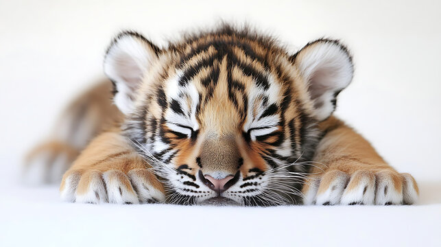 A sleeping tiger cub resting peacefully on a white surface, showcasing its adorable features - Powered by Adobe