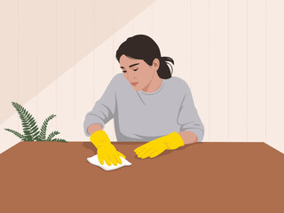 Flat vector Illustration of Young woman wearing yellow gloves diligently cleaning a wooden table with a white cloth